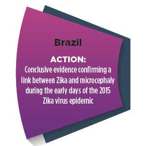 Section of a wheel with words - Brazil ACTION: Conclusive evidence confirming a link between Zika and microcephaly during the early days of the 2015 Zika virus epidemic