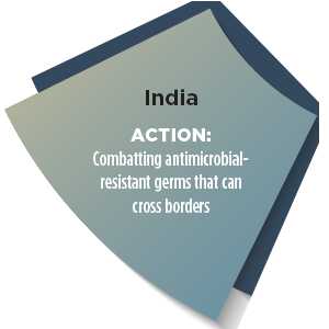 Section of a wheel with words - India ACTION: Combatting antimicrobial resistant germs that can cross borders