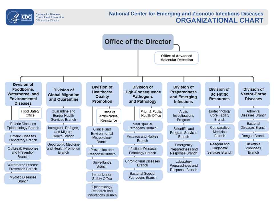 image depicting the org structure of NCEZID with the divisions in vertical rows beneath a box with Office of the Director at the top.
