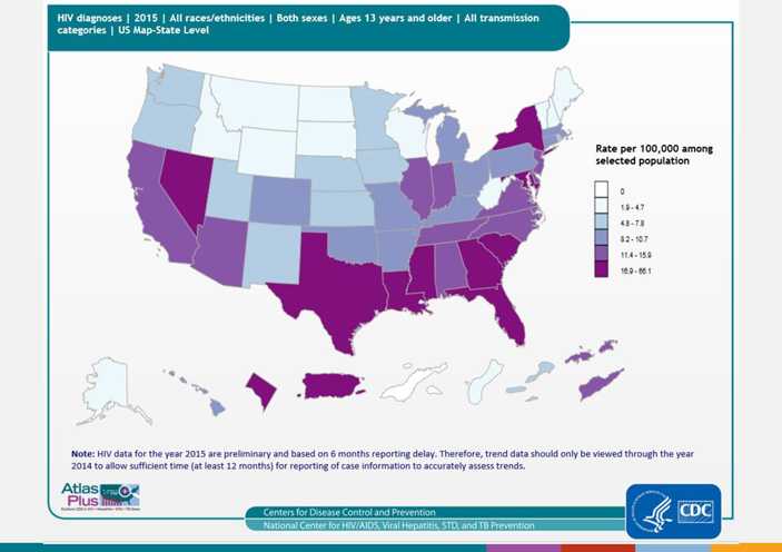 From 2008 through 2014, the annual estimated number and rate of diagnoses of HIV infection among adults and adolescents remained stable in the United States; in 2014, an estimated 43,899 persons were diagnosed with HIV infection. As seen in the map, the highest rates were in the southern and northeastern regions of the United States. As seen in the bar graph, rates were highest in blacks/African Americans and lowest in Asians and whites