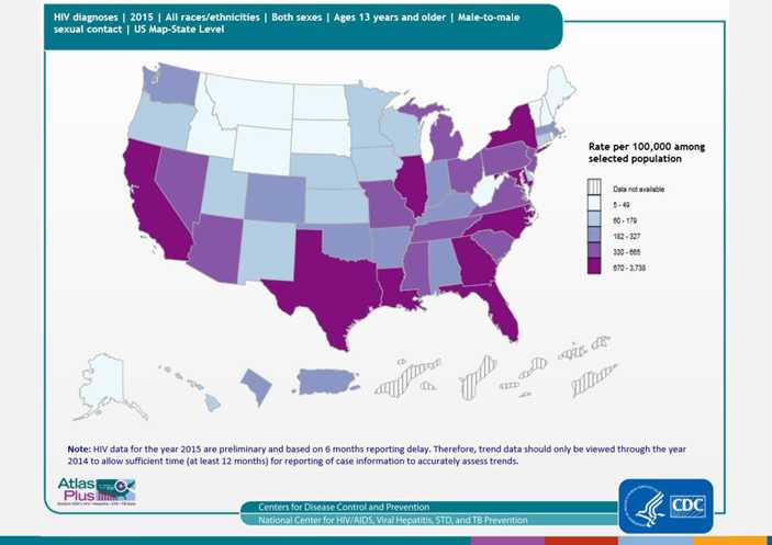 In 2014, diagnosed HIV infection attributed to male-to-male sexual contact accounted for approximately 67% of diagnosed HIV infections in the United States. As seen in the map, the highest number of cases were in the eastern United States, Texas, Illinois, and California. As seen in the table, the number of diagnosed HIV infections attributed to male-to-male sexual contact has remained stable since 2008, with a slight increase in 2014