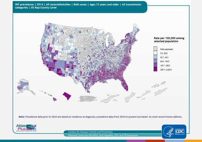 At the end of 2013, an estimated 933,941 adults and adolescents in the United States were living with diagnosed HIV infection. County-level data can illustrate patterns of persons living with HIV infection within states, as well as cross-state patterns and networks affecting public health. As seen in the map, the highest rates are in the southern and northeastern regions of the United States. As seen in the bar graph, rates were highest in blacks/African Americans and lowest in Asians