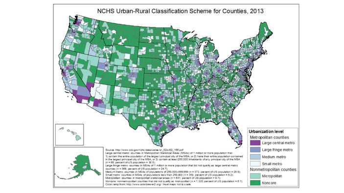 NCHS Urban-Rural Classification Scheme for Counties, 2013This scheme uses 2010 census population numbers and OMB standards for defining metropolitan statistical areas. 4 metro & 2 non-metro areas are produced by NCHS. The largest MSAs are separated into two groups, large central and fringe metro; NCHS says fringe metro may be very important in health status 