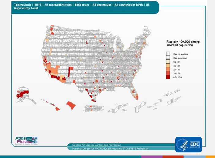 County-level data can illustrate patterns of TB cases within states, as well as cross-state patterns and networks affecting public health