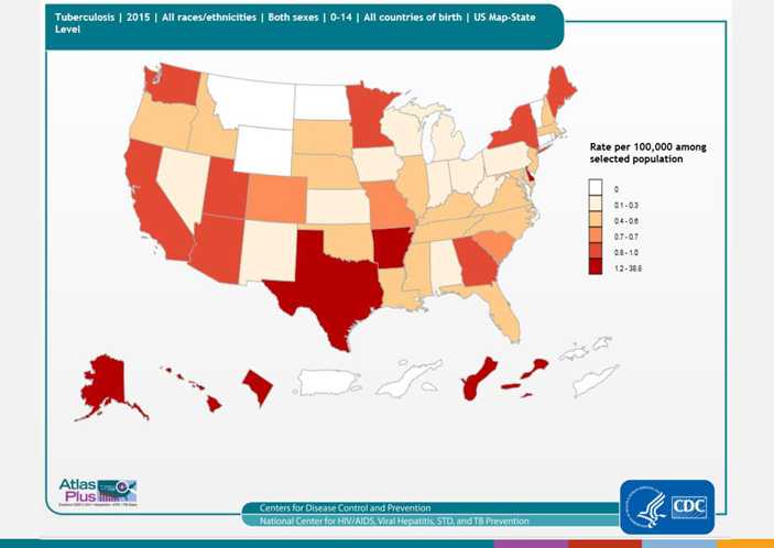 TB disease in children under 15 years of age (also called pediatric tuberculosis) is a public health problem of special significance because TB in a young child is a marker for recent transmission of TB. As seen in the map, the highest rates of pediatric TB are in Alaska, Arkansas, DC, Delaware, Hawaii, Puerto Rico, Texas, and the US Virgin Islands.