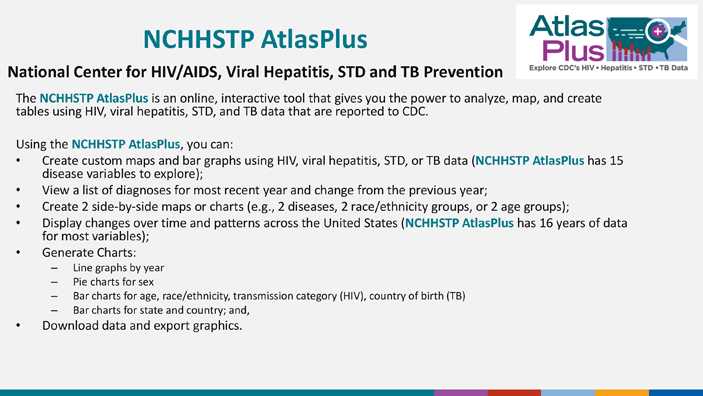 The NCHHSTP Atlas is an online, interactive tool that gives you the power to analyze, map, and create tables using HIV, STD, viral hepatitis, and TB data that are reported to CDC
