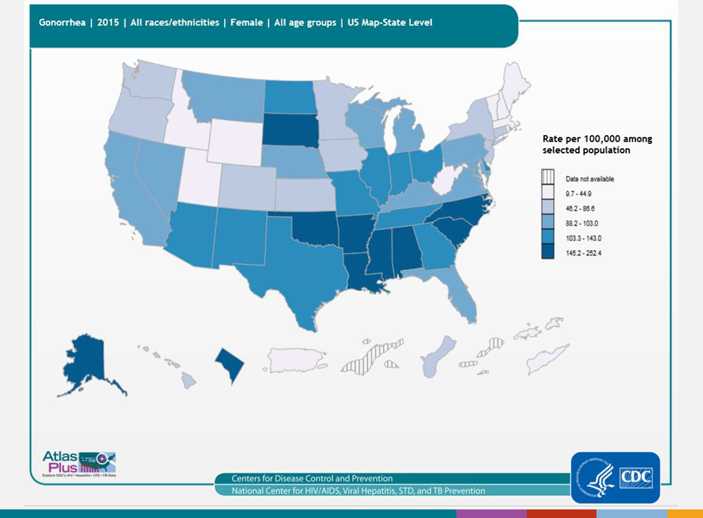 Description: The national gonorrhea rate reached the lowest level ever recorded in 2009, increased each year during 2010–2012, and increased slightly in 2014 (see bar graph). As seen in the map, the highest rates of reported gonorrhea are in the south. For more information: https://www.cdc.gov/std/gonorrhea/default.htm
