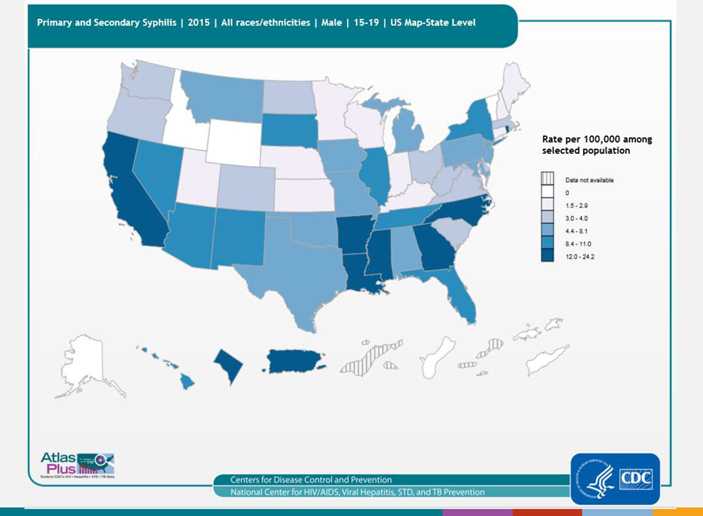 Description: Increases in rates were observed among men, increasing from 2.5 cases per 100,000 population in 2000 to 11.7 cases in 2014. As seen in the map, the highest rates of primary and secondary syphilis among men in 2014 are in the southern and western US, and Puerto Rico. As seen in the bar graph, rates are highest in 20 to 24 year-olds and 25 to 29 year-old men. For more information: https://www.cdc.gov/std/syphilis/default.htm