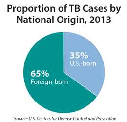 Thumbnail of Pie chart shows the proportion of reported TB cases in the U.S. in 2013. The proportion of TB cases among foreign-born persons was 65% and 35% among U.S.-born persons. 