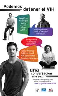 Thumbnail of a Spanish poster, Podemos detener el VIH, showing four friends/peers with bubbles messages about how they talk about HIV. 
