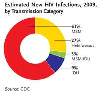 Estimated New HIV Infections, 2009, by Transmission Category: This chart shows in the U.S. in 2009, 61 percent of new HIV infections were among men who have sex with men; 27 percent among heterosexuals; 9 percent among injection drug users; and 3 percent among men who reported both having sex with men & using injection drugs.
