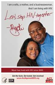Let’s Stop HIV Together. Mysti. Photo of Mysti with her husband, with their arms around each other and smiling.