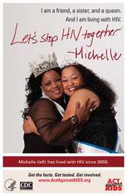 Let’s Stop HIV Together. Michelle. Photo of Michelle and her friend hugging each other, smiling.