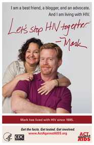 Let’s Stop HIV Together. Mark. Photo of Mark with his friend, with her arms around him. Both are smiling.