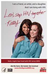 Let’s Stop HIV Together. Kelly. Photo with Kelly and her friend standing behind with her arms around Kelly. Both are smiling.