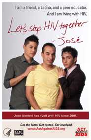 Let’s Stop HIV Together. Jose. Photo of Jose in the middle with his friends on each side, their hands on Jose’s shoulders. Jose is smiling.