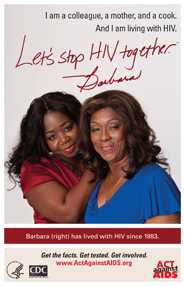 Let’s Stop HIV Together. Barbara. Photo of Barbara with her colleague and friend, with her arms on Barbara. Both are smiling.