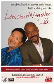 Let’s Stop HIV Together. Frank. Photo of Frank, right, leaning back-to-back with friend. Both are smiling.