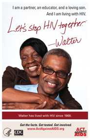 Let’s Stop HIV Together. Walter. Photo of Walter with his partner, her arms around him. Both are smiling.