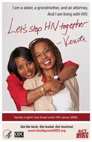 Let’s Stop HIV Together. Venita. Photo of Venita and her sister, standing behind Venita with her arms around Venita. Both are smiling.