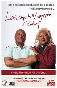 Let’s Stop HIV Together. Photo of Rodney and his pastor. The pastor has her arms around Rodney and he is smiling.