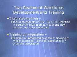 Two Realms of Workforce Development and Training Integrated training – Including aspects of HIV, TB, STD, Hepatitis in currently developed curricula and new courses yet to be developed Training on integration – Building of integrated programs; Sharing of model practices; Technical assistance for program integration