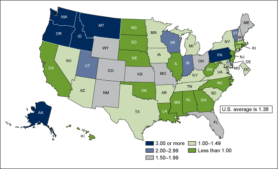Figure 3 is a map of the United States showing the percentage of out-of-hospital births by state for 2012