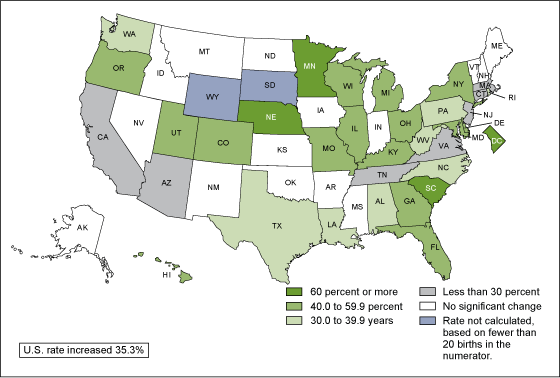 Figure 5 is a map showing the percent increase in first birth rates for women 40-44 by state for 2000 to 2012