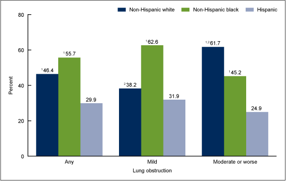 Figure 4 is a bar chart showing the age-adjusted percentage of adults aged 40-79 with lung obstruction who currently smoked cigarettes, by race and Hispanic origin and severity of obstruction, in the United States for 2007 through 2012.