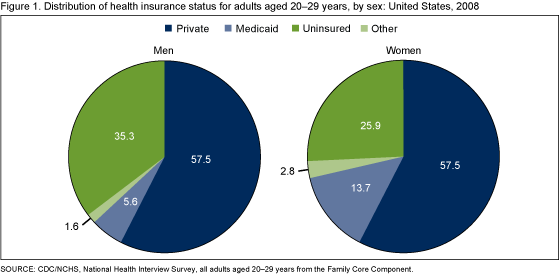 Figure 1 is two pie charts showing the distribution of health insurance status for adults 20 to 29 years of age by sex in 2008.