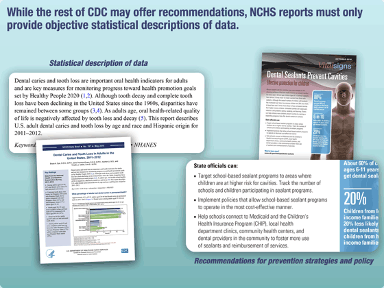 Graphic showing examples of two reports: one by NCHS that provides a statistical description of data and one by CDC that provides prevention strategies and policy recommendations.