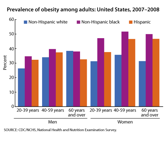 This figure is a bar showing showing the prevalence of obesity in adults in 2007–08 by age, gender, race and ethnicity.