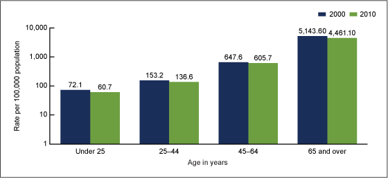 Figure 2 shows vertical bars indicating death rates for age groups infant to 24 years, 25 to 44 years, 45 to 64 years, and 65 years and over. Figures are shown for years 2000 and 2010 preliminary data.