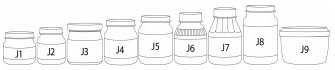 	A set of 9 baby food jars, reading J1 through J9 from left to right