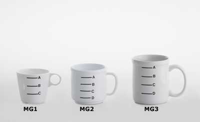 	Three measuring cups of varying height and volume