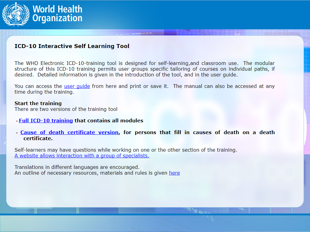 Screenshot, ICD-10 Interactive Self Learning Tool