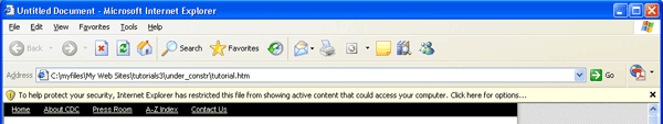 Screenshot of Microsoft Internet Explorer browser window with alert "To help protect your security. Internet Explorer has restricted this file from showing active content that could access you computer. Click here for options...".