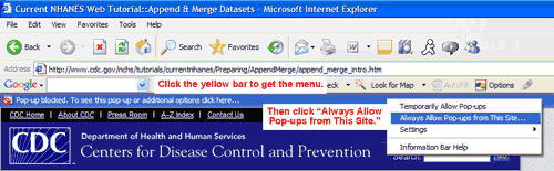 Screenshot of INternet Explorer browser window with context menu and "Always Allow Pop-ups from This Site ..." option highlighted.