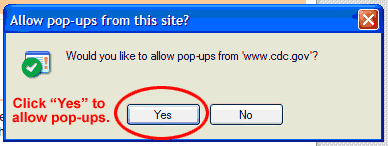 Screenshot of dialog box asking "Would you like to allow pop-ups from 'www.cdc.gov'?" with Yes button circled.