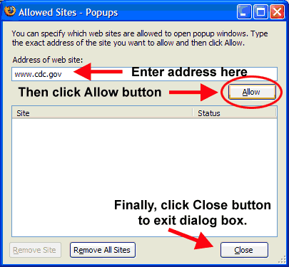 Screenshot of Mozilla Firefox window to allow pop-ups from seelcted sites. www.cdc.gov is entered in "Address" box; "Allow" button is circled; and "Close" button is highlighted.