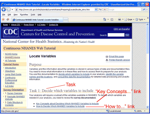 screenshot of module facepage with task, key concepts, adn how to links highlighted