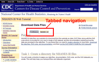 screenshot of tabbed navigation with tabs highlighted