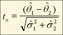 Equation: The t statistic is equal to the first population mean minus the second population mean divided by the square root of the error of the first mean plus the standard error of the second population mean.