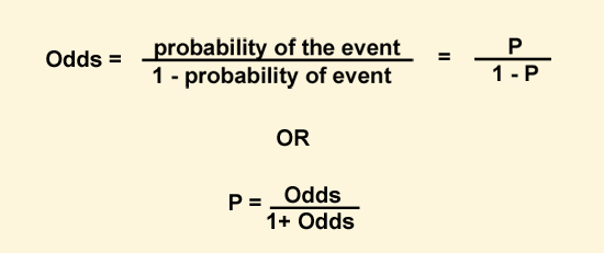Odds equals the probability of the event divided by 1 min8us the probability of the event.