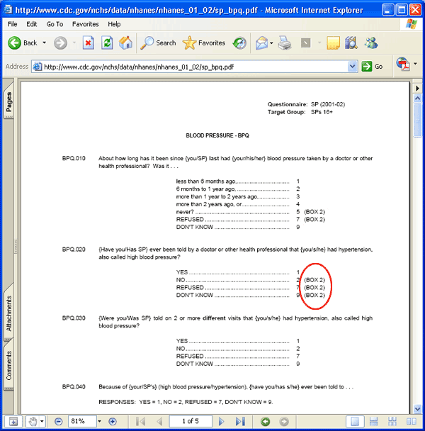 screenshot of Skip Pattern in Blood Pressure Questionnaire Codebook