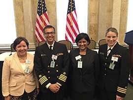 Photo: CDC antibiotic resistance subject matter experts attend the White House Forum on Antibiotic Stewardship in Washington, DC on June 2, 2015. From left to right: Jean Patel (NCEZID/DHQP), Arjun Srinivasan (NCEZID/DHQP), Nimalie Stone (NCEZID/DHQP), and Lauri Hicks (NCIRD/DBD)