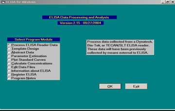 Figure 3. ELISA for Windows opening menu screen.