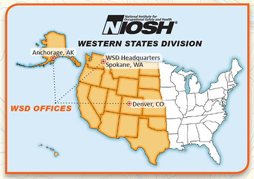 	Graphic illustration showing the United States and areas NIOSHs Western States Division covers (including Alaska and Hawaii.)