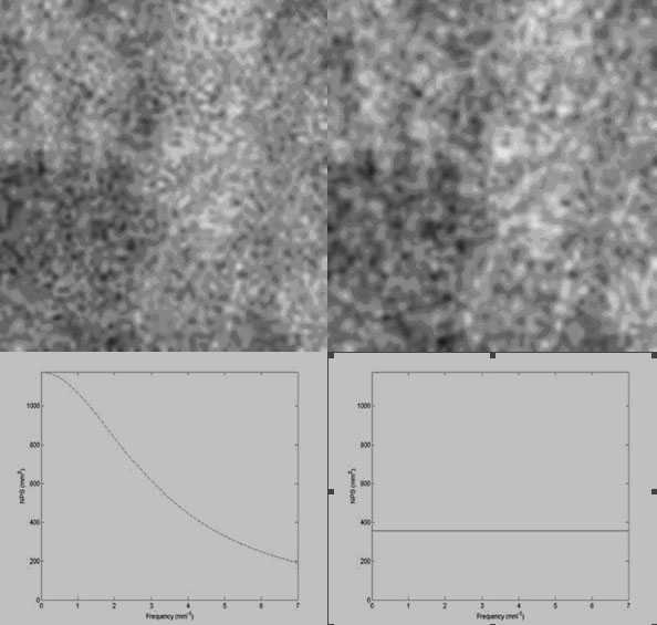 Figure 4, Correlated NPS (a) and uncorrelated NPS (b) reflecting the noise texture properties of a magnified image. 