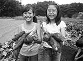 Two Asian-American girls on yam farm.
